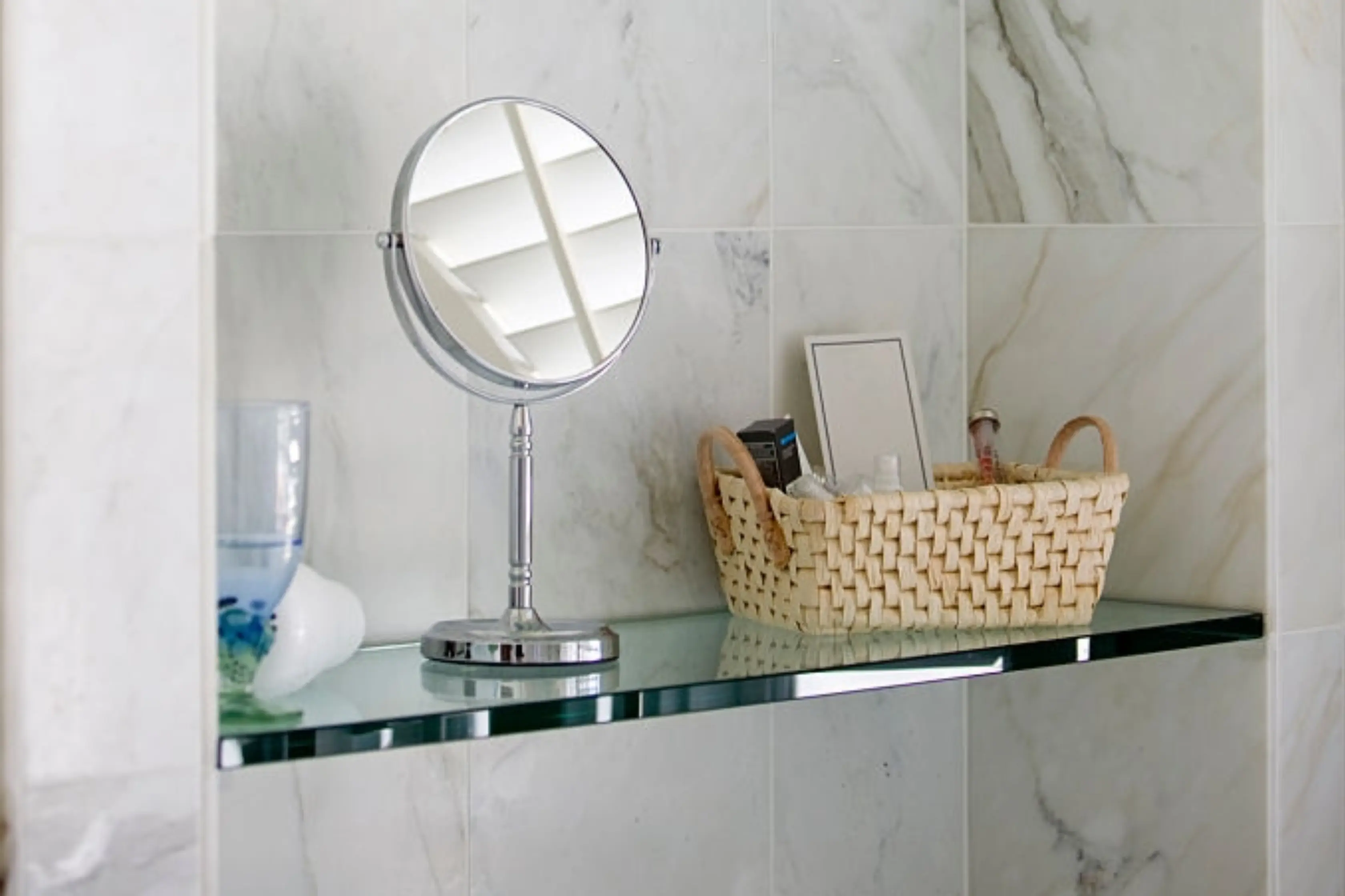Stylish Glass Shelf Placed In Modern Bathroom